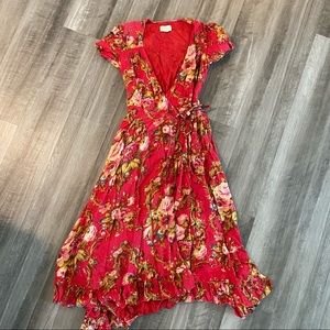 Red Floral Wrap Around Dress